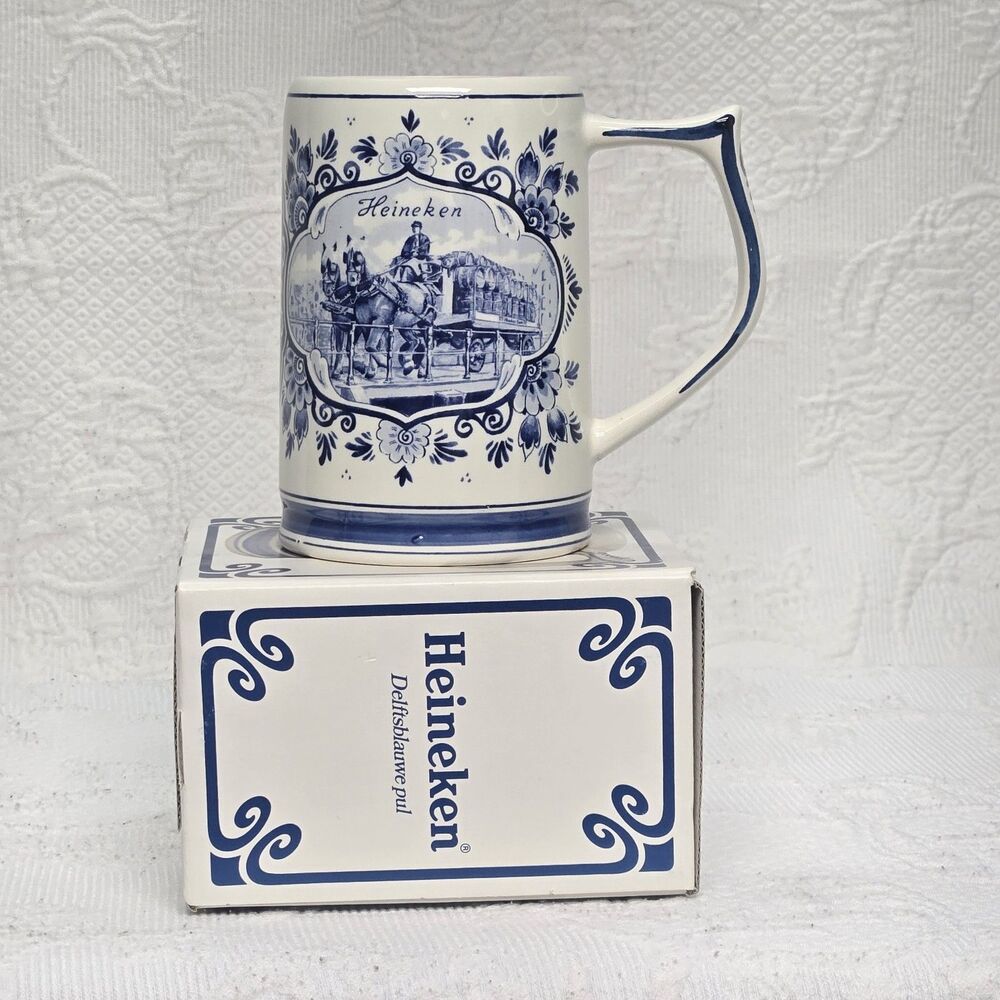 Vintage Heineken Hand Painted Delftblue Beer Mug Stein Horse Carriage German